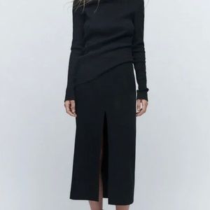 Zara Fitted Black Slit Midi Skirt